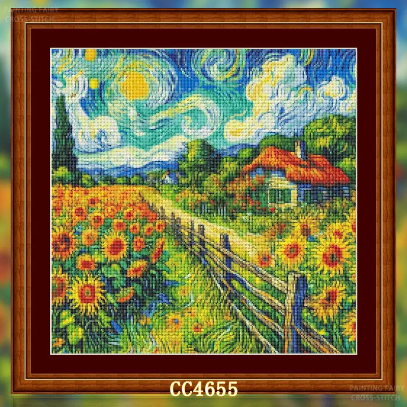 Cross Stitch Stamped Kits Beginners - [[CC4656-Van Gogh Series Sunflower Farm] DIY