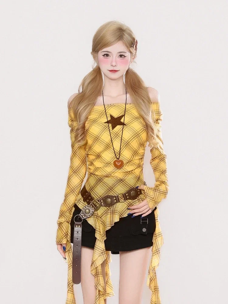 Y2K Plaid Slash Neck Vintage T - огляд і ціна Embroidery